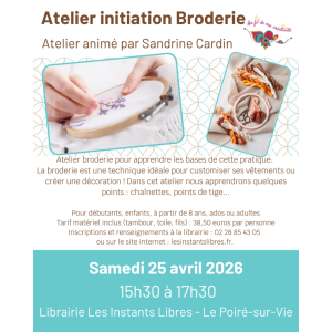 Initiation broderie à la librairie Les Instants Libres au Poiré-sur-vie
